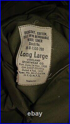 1950 US ARMY OD-7 OVERCOAT With BUTTON-IN WOOL LINER 1952 KOREAN WAR SIZE LARGE