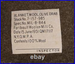 1951 U. S. Army Medical Wool Blanket Korean War Faribault Mill Olive Drab