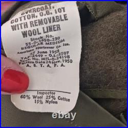 1953 US Army OG-107 Overcoat Korean War Original Wool Liner Medium