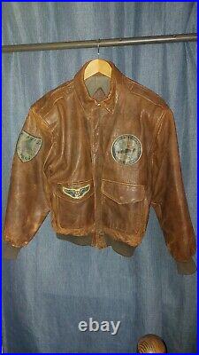 Alvear Brown Leather Bomber Jacket with Naval Flight Patches Vintage