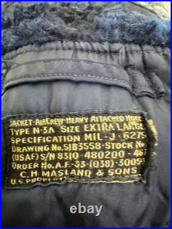 Extra Large 1950s USAF N-3A Blue Air Crew Jacket Parka with Attached Hood