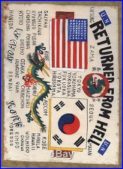 Great 1950s Hand Painted Korean War Silk Banner Returned from Hell with Dragon