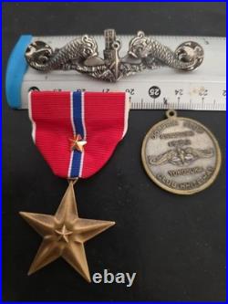 Korea War Navy Sterling Silver Sub Badge + Brnze Star Medal + 1953 Enlisted Club