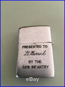 Korean War 38th Infantry Regiment Zippo Lighter Named LT heinrich Rock of Marne