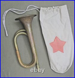 Korean War Era Chinese Bugle in Beige Cotton Bag with red Star & straps Korean War Era Chinese Bugle in Beige Cotton Bag with red Star & straps