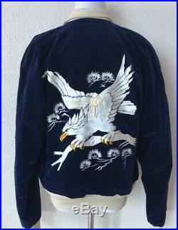Korean War Era Reversible Jacket Eagle Embroidery Blue Velvet Silk Souvenir Coat