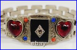 Korean War Gemstone & Glass Heart Silver Soldier ID Bracelet Onyx Coral Art Deco