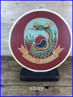 Korean War Trench Art Hand Painted Wood Large Medallion Plaque Dragon OOAK
