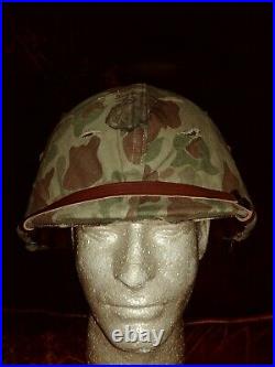 Late WWII WW2 USMC swivel Bale front seam helmet with Korean War liner Marines