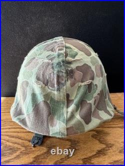 Original Korean War EGA Stamped USMC M1 Helmet With Blue Anchor Camo Cover