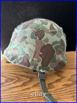 Original Korean War EGA Stamped USMC M1 Helmet With Blue Anchor Camo Cover