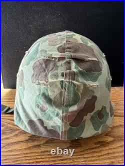 Original Korean War EGA Stamped USMC M1 Helmet With Blue Anchor Camo Cover
