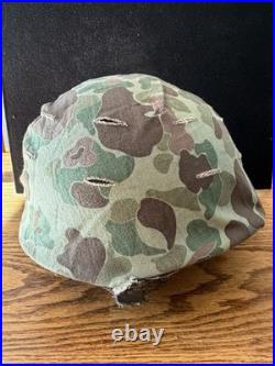 Original Korean War EGA Stamped USMC M1 Helmet With Blue Anchor Camo Cover