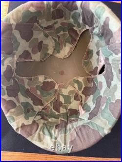 Original Korean War EGA Stamped USMC M1 Helmet With Blue Anchor Camo Cover