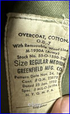 US ARMY 1952 Overcoat Trench Lining Korean War Era Size Med Reg See Description