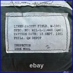 US Army M-1951 Field Jacket Liner Large 41-45 1951 Dated PHILA QM Depot NOS