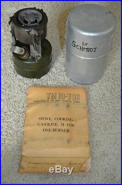 US Army Officer's Camp Stove M-1950 Korean War Era 1951 with Book and Container