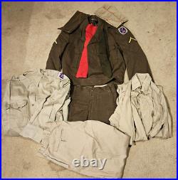 US Army Uniform 1950s Green Wool Short Jacket, Pants Hats Scarf Tie Patches +