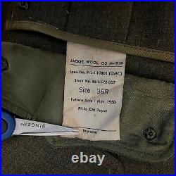 US Military Korean War Uniform Wool Jacket OD M-1950 Jacket 36R Trousers IKE