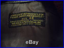 USN Navy Werber Sportswear Leather G1 Flight Jacket - Sz 38 - Korean War Era
