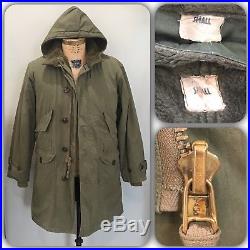 VTG 50s Korean War US Hooded Overcoat Parka Coat SMALL W Pile Liner Deck M1947