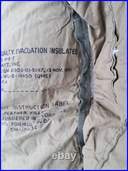Vintage 1951 Korean War Era US Military Casualty Down Sleeping Bag Fur Warm