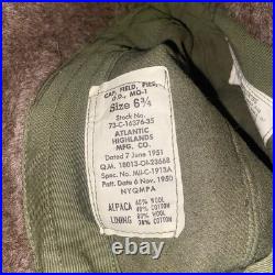 Vintage 1951 US Army MQ-1 Field Pile Cap Size 6 3/4 Korean War OD Hat