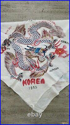 Vintage 50s Korean War Souvenir Silk Fabric Hand Painted Nato Military 1952