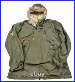 Vintage 50s Korean War USN N-1 Deck Anorak Pullover Carr Buttons Fur Hood Olive