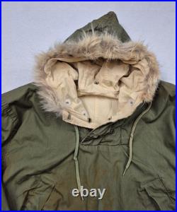 Vintage 50s Korean War USN N-1 Deck Anorak Pullover Carr Buttons Fur Hood Olive