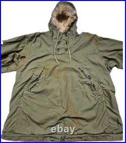 Vintage 50s Korean War USN N-1 Deck Anorak Pullover Carr Buttons Fur Hood Olive