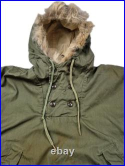 Vintage 50s Korean War USN N-1 Deck Anorak Pullover Carr Buttons Fur Hood Olive