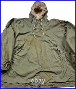 Vintage 50s Korean War USN N-1 Deck Anorak Pullover Carr Buttons Fur Hood Olive