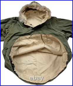 Vintage 50s Korean War USN N-1 Deck Anorak Pullover Carr Buttons Fur Hood Olive