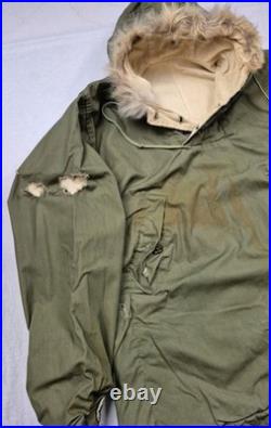 Vintage 50s Korean War USN N-1 Deck Anorak Pullover Carr Buttons Fur Hood Olive
