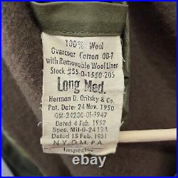 Vintage Korean War Trench Coat Long Medium Green Wool Liner GI Overcoat 1951 KW