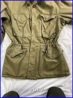 Vintage M 1943 Field Jacket Khaki Green Korean War Size 34R Drawing on Back
