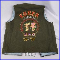 Vintage Military Embroidered Vest with Patches Korea War Green Wool 2nd Inf Div