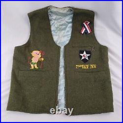 Vintage Military Embroidered Vest with Patches Korea War Green Wool 2nd Inf Div