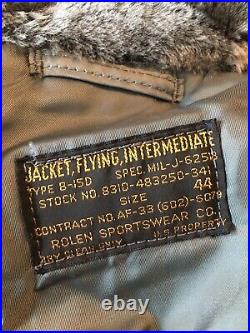Vintage Military USAF B-15D Flight Jacket Korean War Size 44 Rolen Sportswear