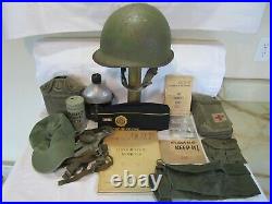 Vintage US Army Korean War Vietnam Military Grouping Helmet Canteen Medic Bag