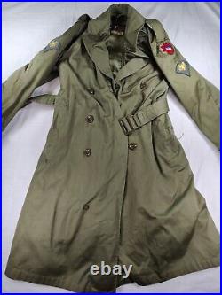 Vintage US Army Trench Overcoat With Patches Removable Wool Liner Small Long