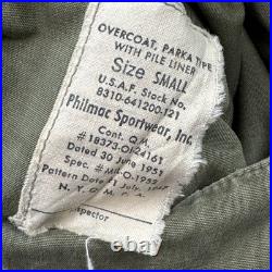 Vintage US Military Overcoat Parka Small Green Talon 1951 Korean War Air Force