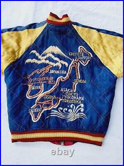 Vtg Silk Reverse Korean War Tour Souvenir Jacket Embroidered Map Sukajan Tiger