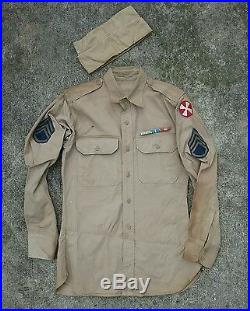 Vtg wwii usmc 8th Army military khaki shirt patch uniform cap hat Korean War