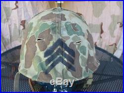 WWII, Korean War 1953 USMC M-1 Helmet with HBT Camouflage Cover, Named