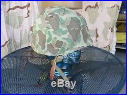 WWII, Korean War 1953 USMC M-1 Helmet with HBT Camouflage Cover, Named