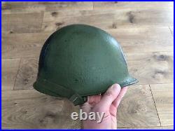 WWII WW2 US Schlueter Rear Seam M1 Helmet with Chinstraps & Korean War Graffiti