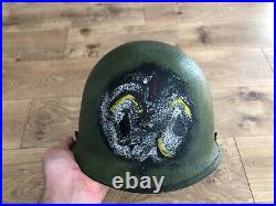 WWII WW2 US Schlueter Rear Seam M1 Helmet with Chinstraps & Korean War Graffiti